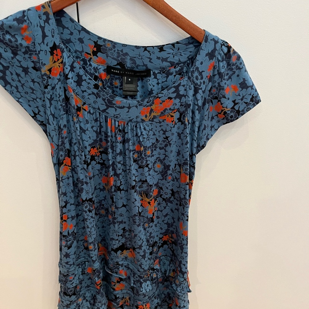 Marc By Marc Jacobs Blue and Orange Cap Sleeve Pleated Blouse